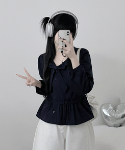 미벨리본프릴사선버튼카라벌룬핏블라우스 네이비