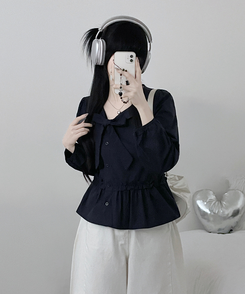 미벨리본프릴사선버튼카라벌룬핏블라우스 네이비