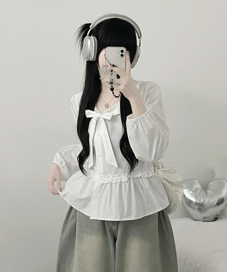 미벨리본프릴사선버튼카라벌룬핏블라우스 화이트