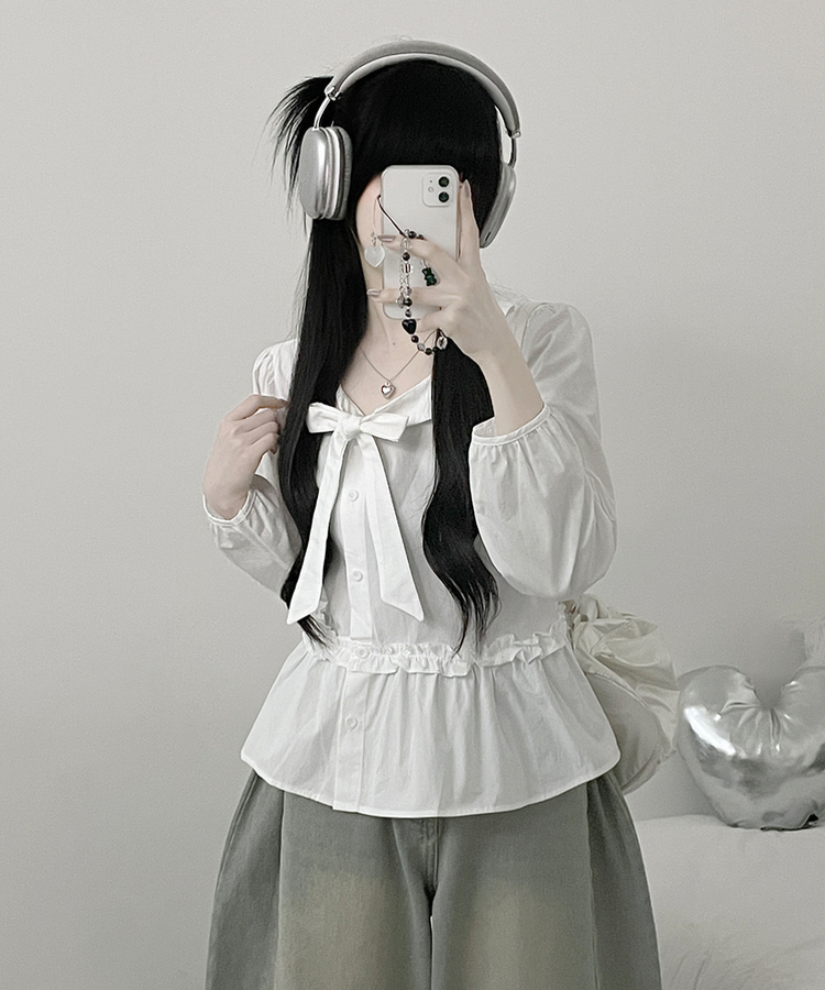 미벨리본프릴사선버튼카라벌룬핏블라우스 화이트