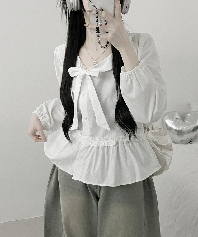 미벨리본프릴사선버튼카라벌룬핏블라우스 화이트