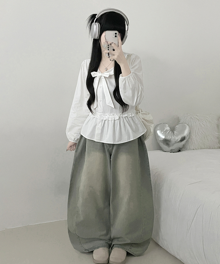 미벨리본프릴사선버튼카라벌룬핏블라우스 화이트