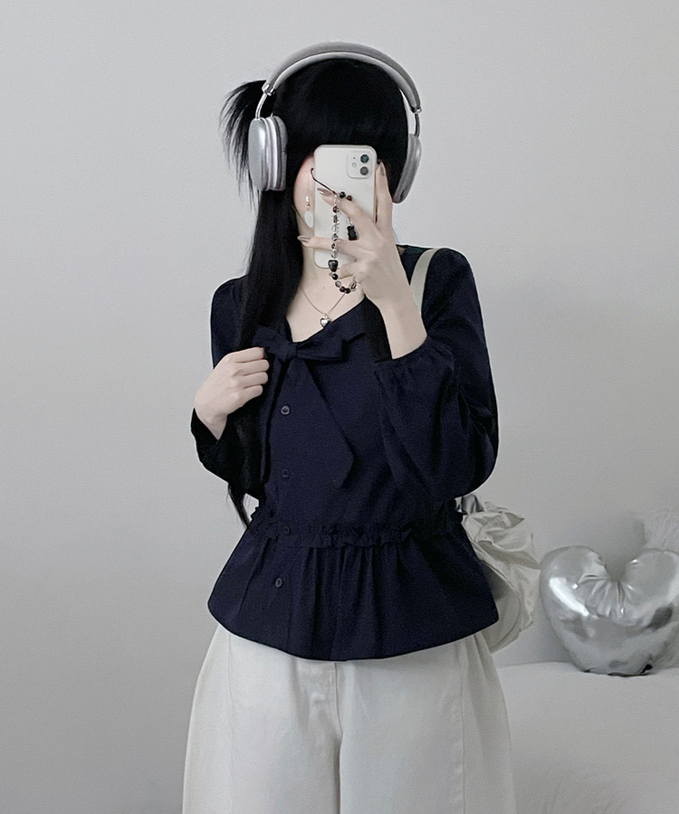 미벨리본프릴사선버튼카라벌룬핏블라우스 네이비