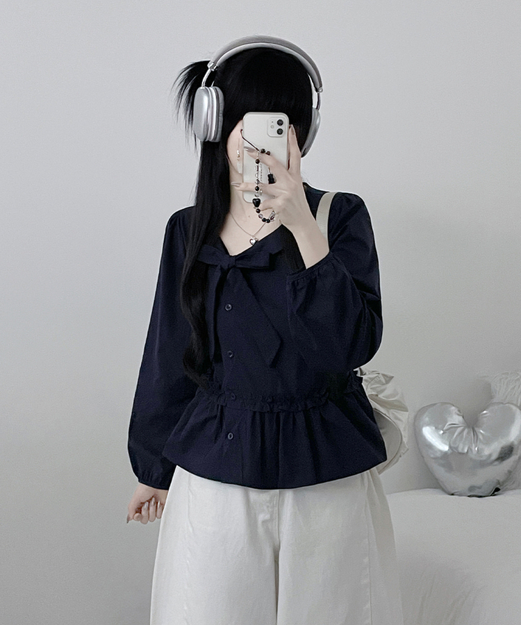 미벨리본프릴사선버튼카라벌룬핏블라우스 네이비