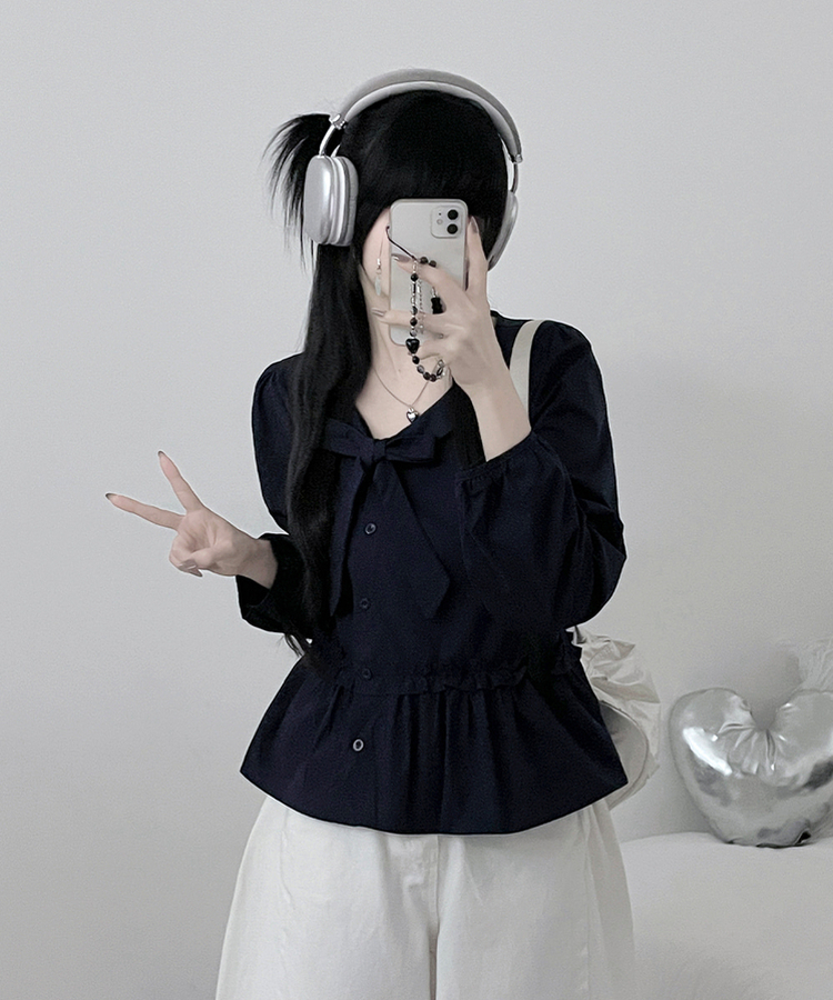 미벨리본프릴사선버튼카라벌룬핏블라우스 네이비