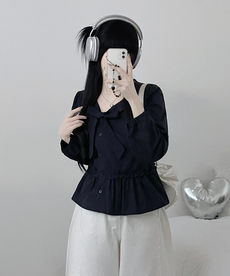 미벨리본프릴사선버튼카라벌룬핏블라우스 네이비