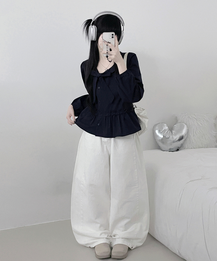 미벨리본프릴사선버튼카라벌룬핏블라우스 네이비