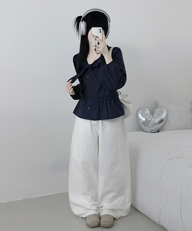 미벨리본프릴사선버튼카라벌룬핏블라우스 네이비