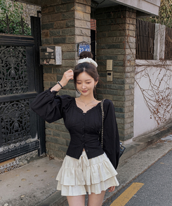 フリルネックオフショルダーブラウス BLACK