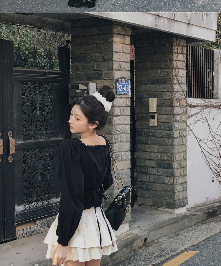 フリルネックオフショルダーブラウス BLACK