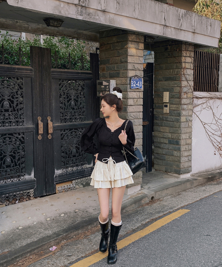 フリルネックオフショルダーブラウス BLACK