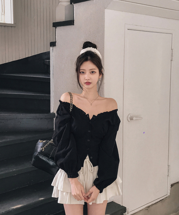 フリルネックオフショルダーブラウス BLACK