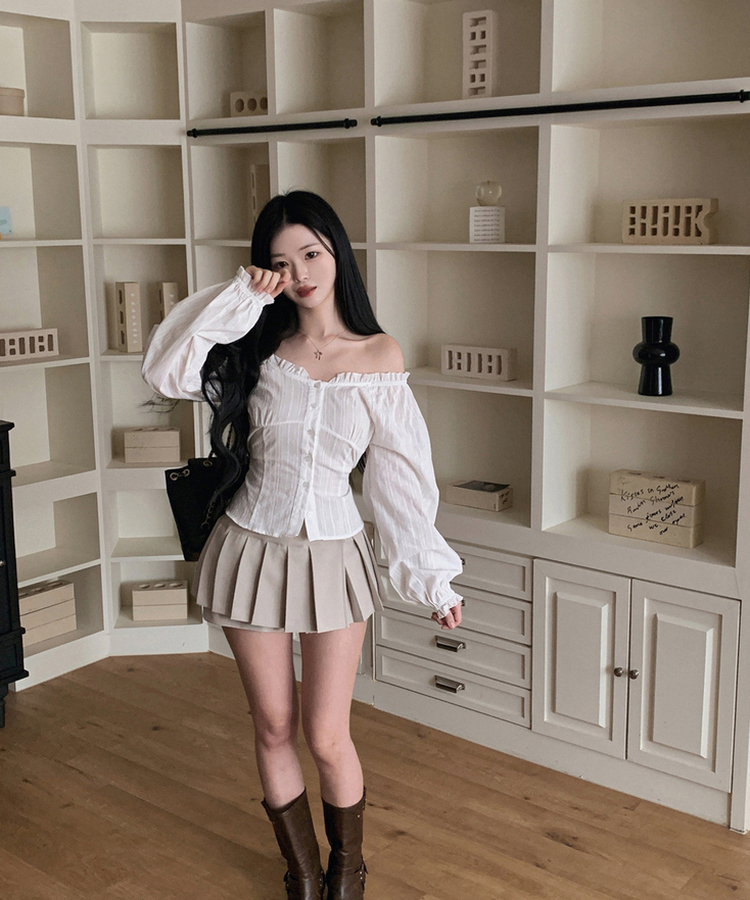 フリルネックオフショルダーブラウス IVORY