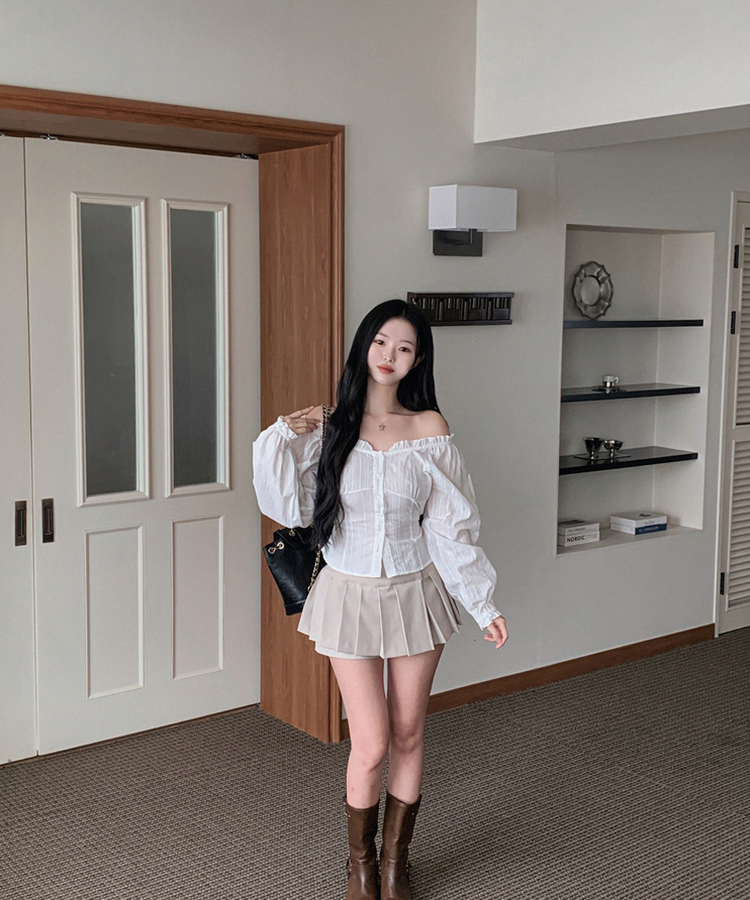 フリルネックオフショルダーブラウス IVORY