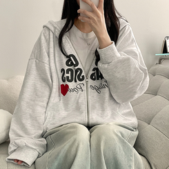 レタリングフードジップアップ MELANGE WHITE