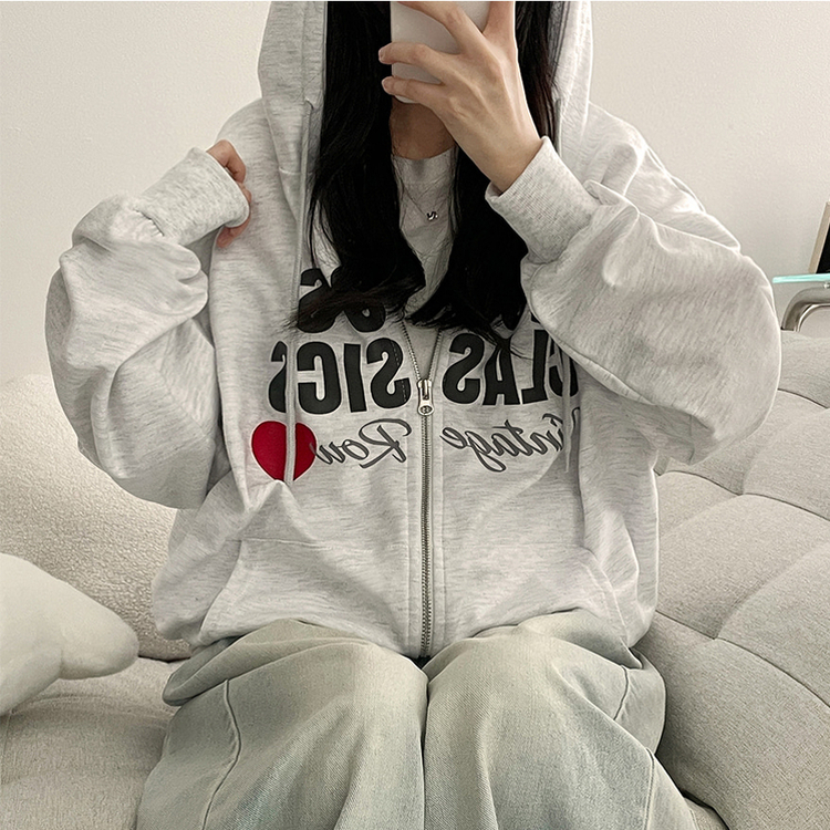 レタリングフードジップアップ MELANGE WHITE