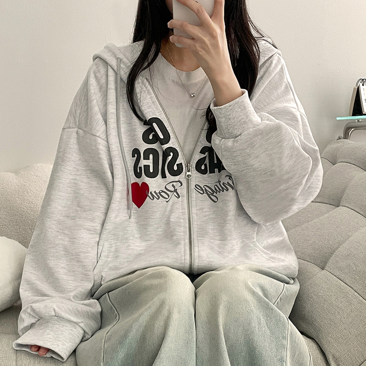 レタリングフードジップアップ MELANGE WHITE