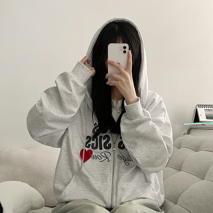 レタリングフードジップアップ MELANGE WHITE