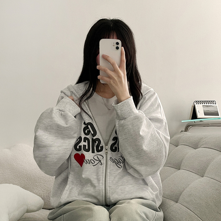 レタリングフードジップアップ MELANGE WHITE