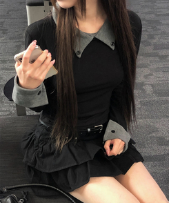 バイカラーボタン長袖Tシャツ BLACK