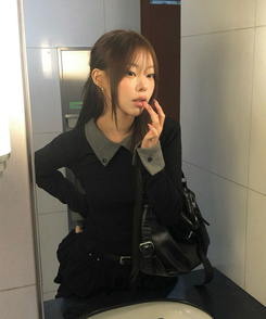 バイカラーボタン長袖Tシャツ BLACK