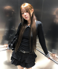 バイカラーボタン長袖Tシャツ BLACK