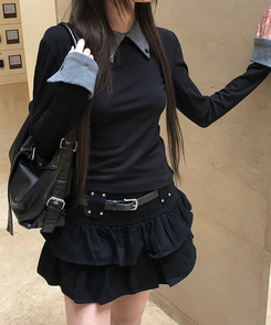 バイカラーボタン長袖Tシャツ BLACK