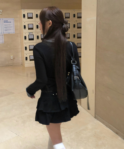 バイカラーボタン長袖Tシャツ BLACK