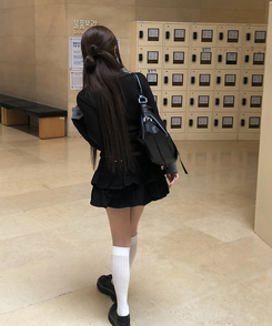 バイカラーボタン長袖Tシャツ BLACK