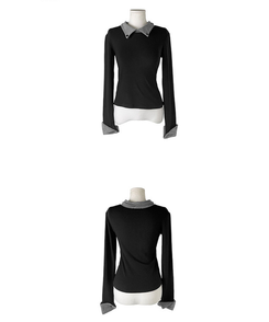 バイカラーボタン長袖Tシャツ