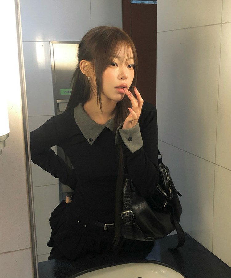 バイカラーボタン長袖Tシャツ BLACK