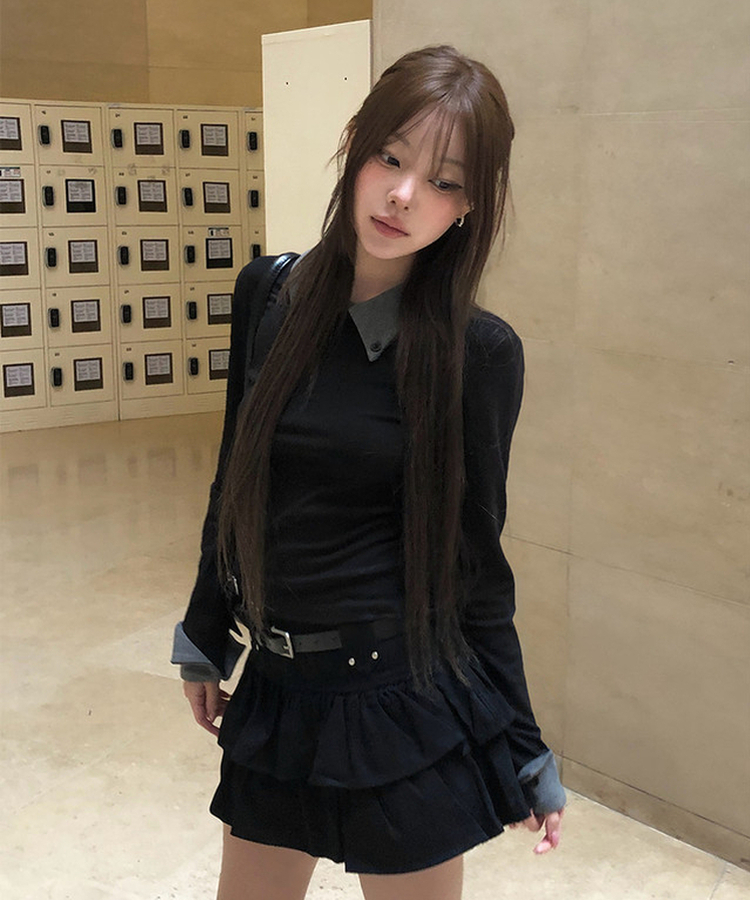 バイカラーボタン長袖Tシャツ BLACK