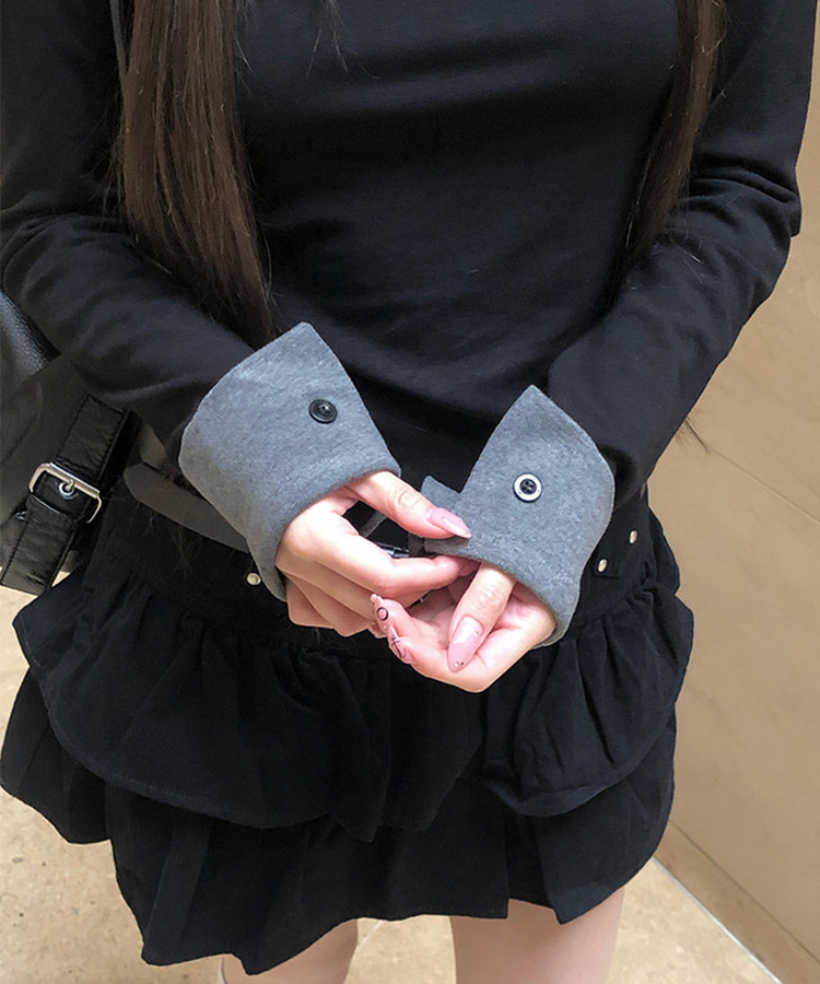 バイカラーボタン長袖Tシャツ BLACK