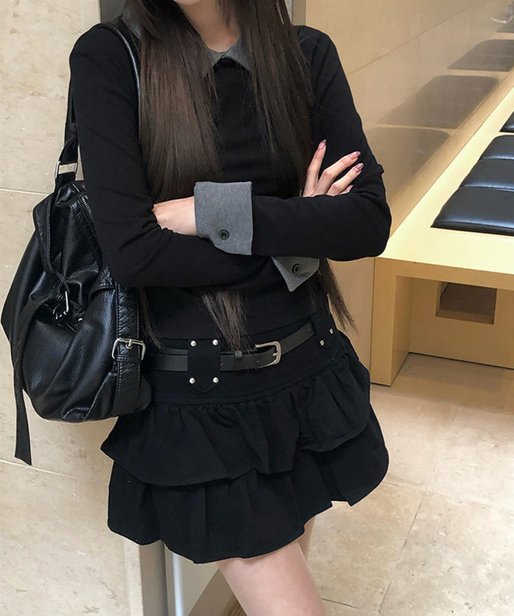 バイカラーボタン長袖Tシャツ BLACK