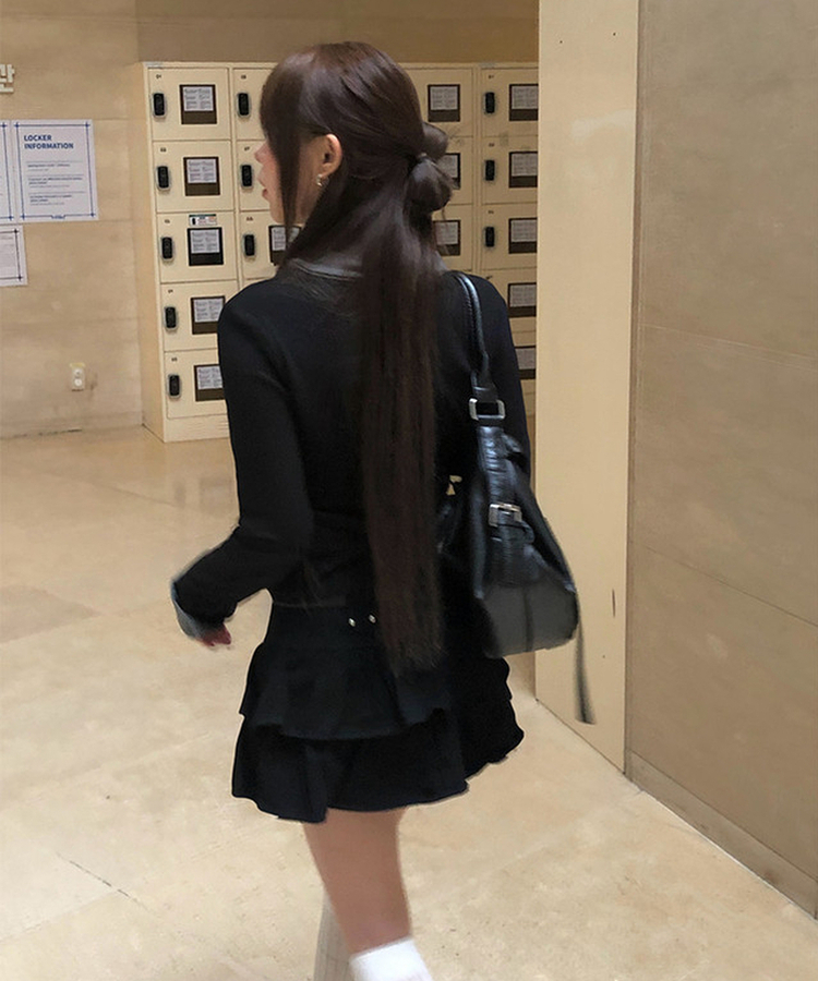 バイカラーボタン長袖Tシャツ BLACK