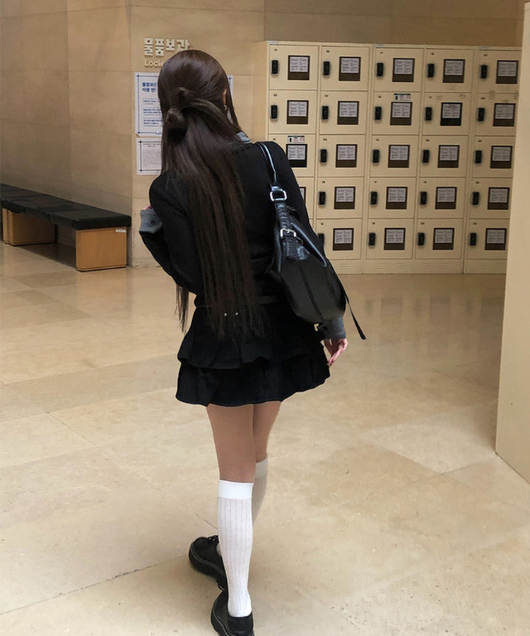 バイカラーボタン長袖Tシャツ BLACK