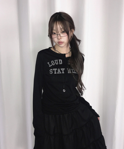 ヘンリーネックレタリング長袖Tシャツ BLACK