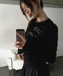 ヘンリーネックレタリング長袖Tシャツ BLACK