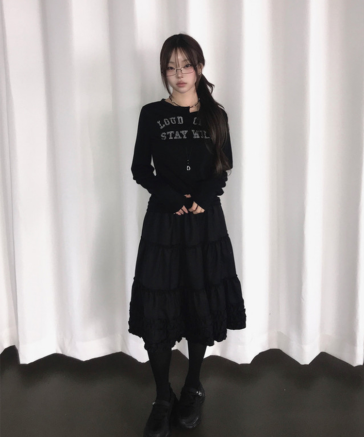 ヘンリーネックレタリング長袖Tシャツ BLACK