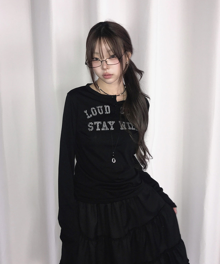 ヘンリーネックレタリング長袖Tシャツ BLACK