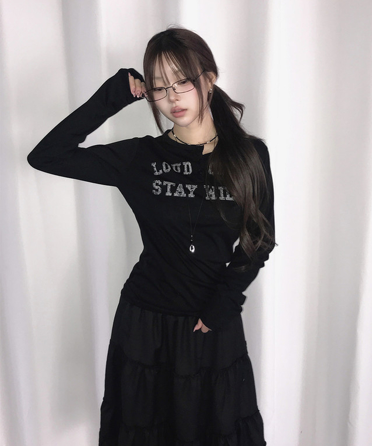 ヘンリーネックレタリング長袖Tシャツ BLACK