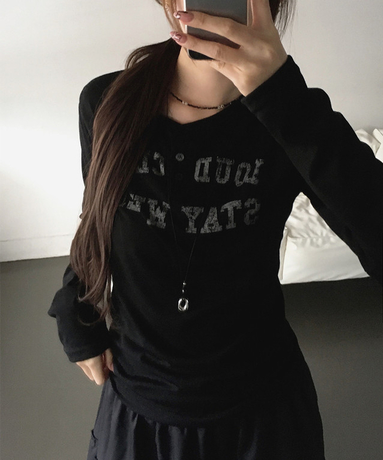 ヘンリーネックレタリング長袖Tシャツ BLACK