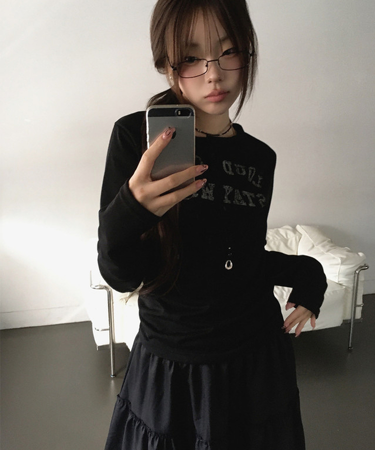 ヘンリーネックレタリング長袖Tシャツ BLACK