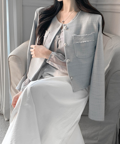 【マフラー付き】ディープボタンブラウス GRAY