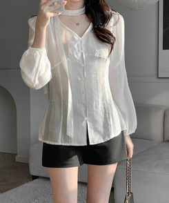 【マフラー付き】ディープボタンブラウス CREAM