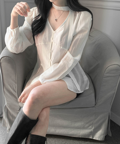 【マフラー付き】ディープボタンブラウス CREAM