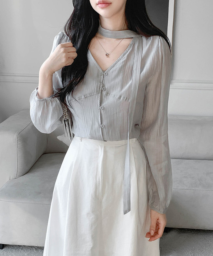 【マフラー付き】ディープボタンブラウス GRAY