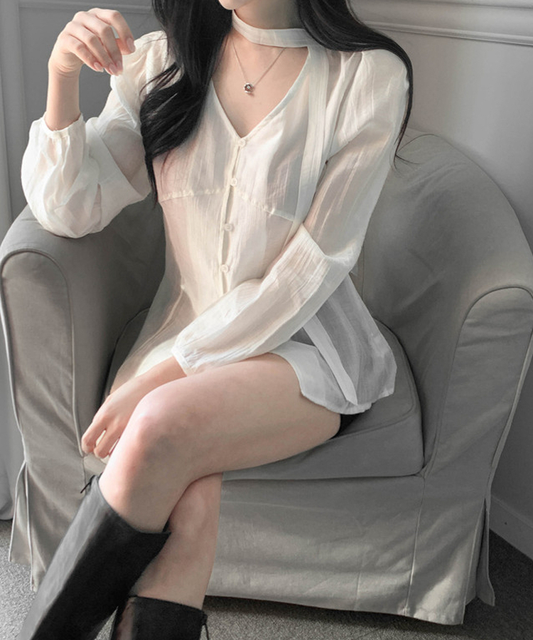 【マフラー付き】ディープボタンブラウス CREAM