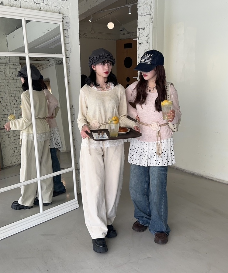 플라워 레이스 레이어드 탑 핑크