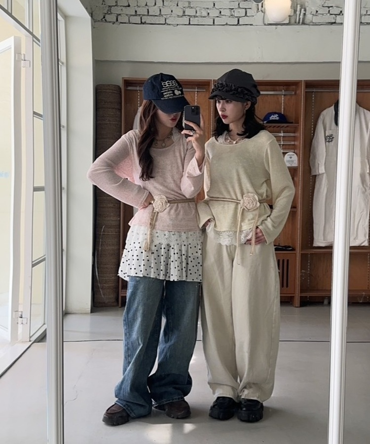 플라워 레이스 레이어드 탑 핑크